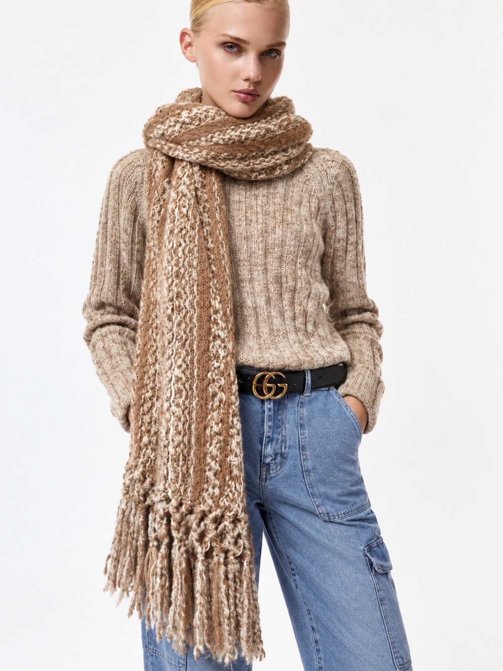 Hand Woven Mohair & Wool Extra Long Wrap Marled Brown Chunky Fringe Oversize